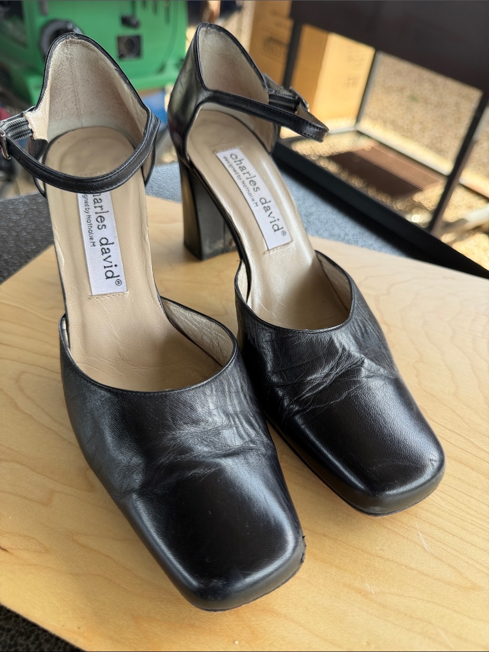 Charles David Black Leather Mary-Jane Block Heels